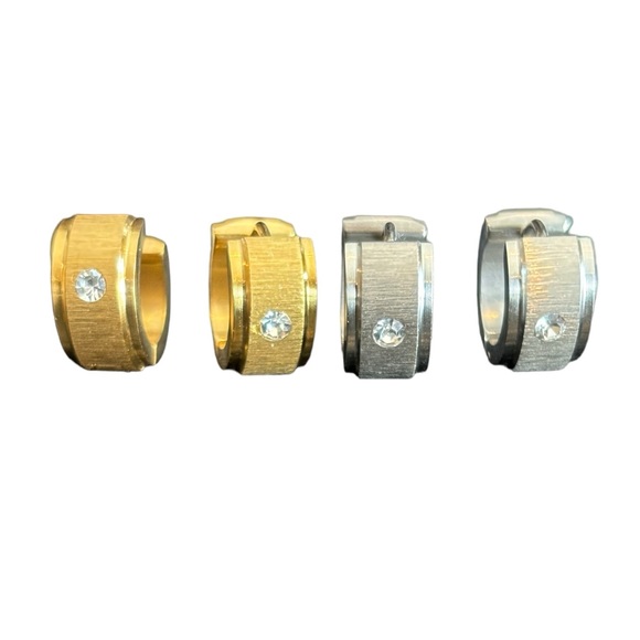 Silver & Gold Locking Textured Stainless Steel Dainty Hoop Earrings - Picture 6 of 8